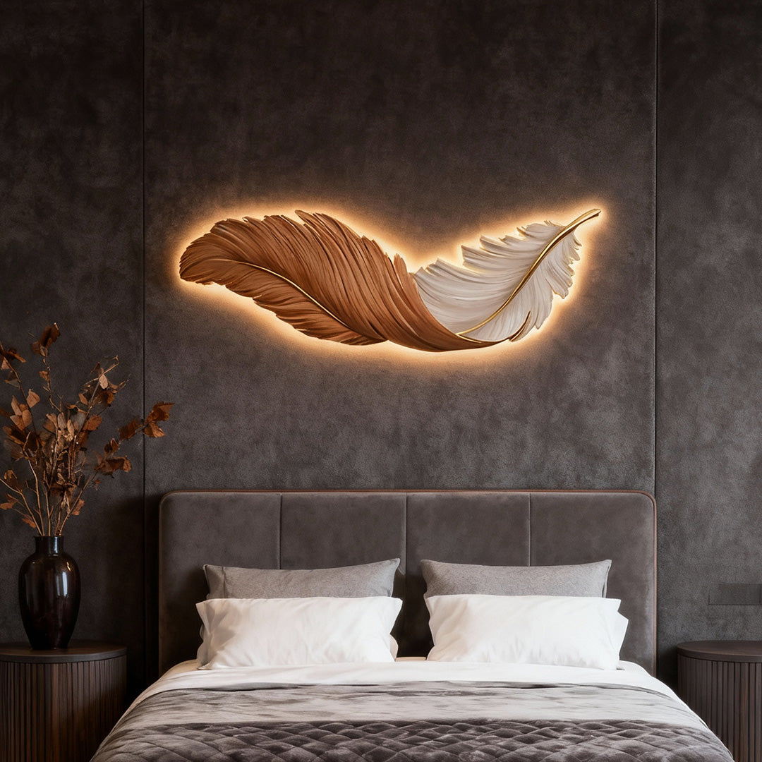 Feather wall lamp installed above bed, adding artistic and cozy bedroom lighting.