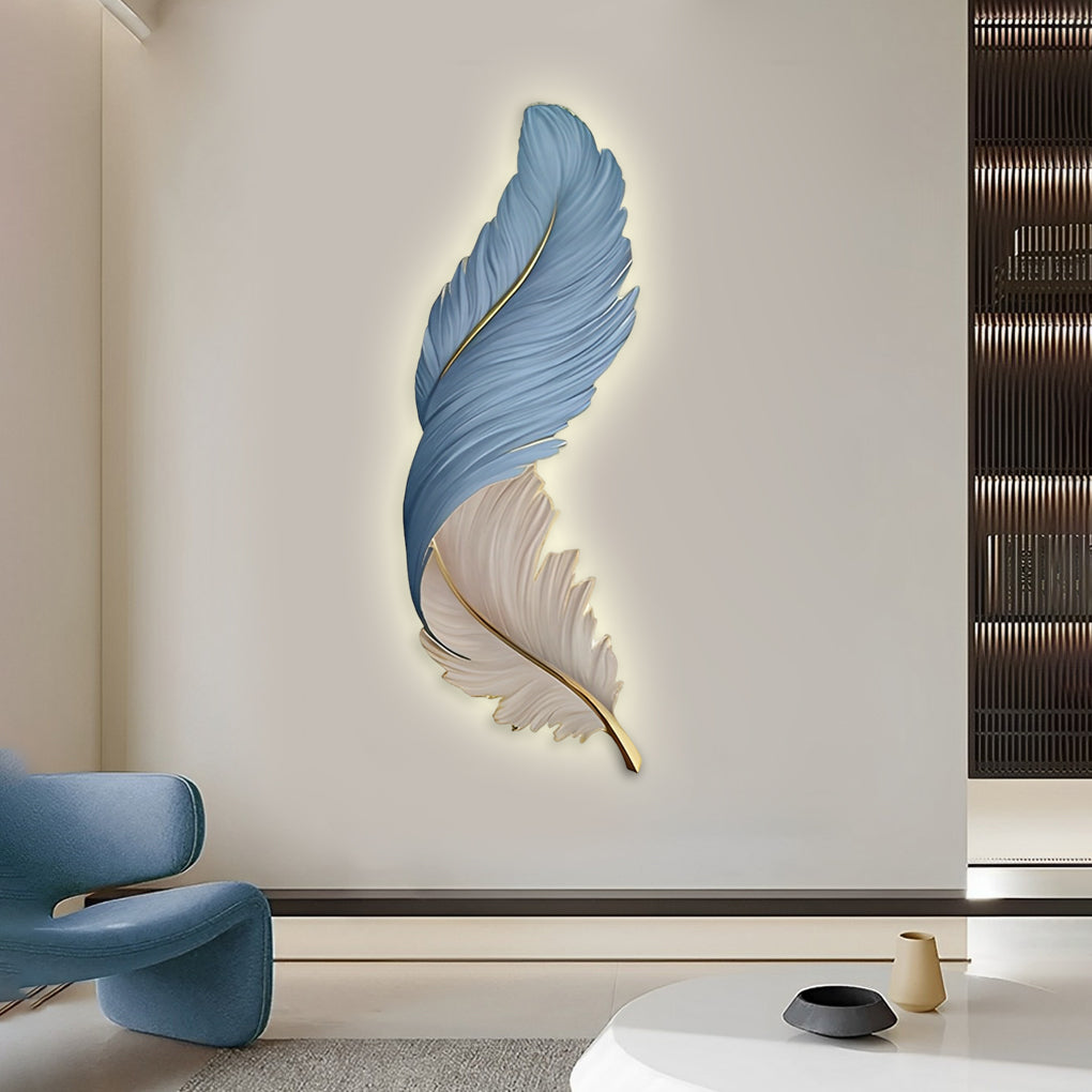 Blue and white feather wall lamp adding a modern artistic touch to interior decor.