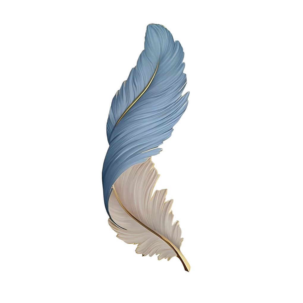 Vertical blue and white feather wall lamp with elegant curved form.