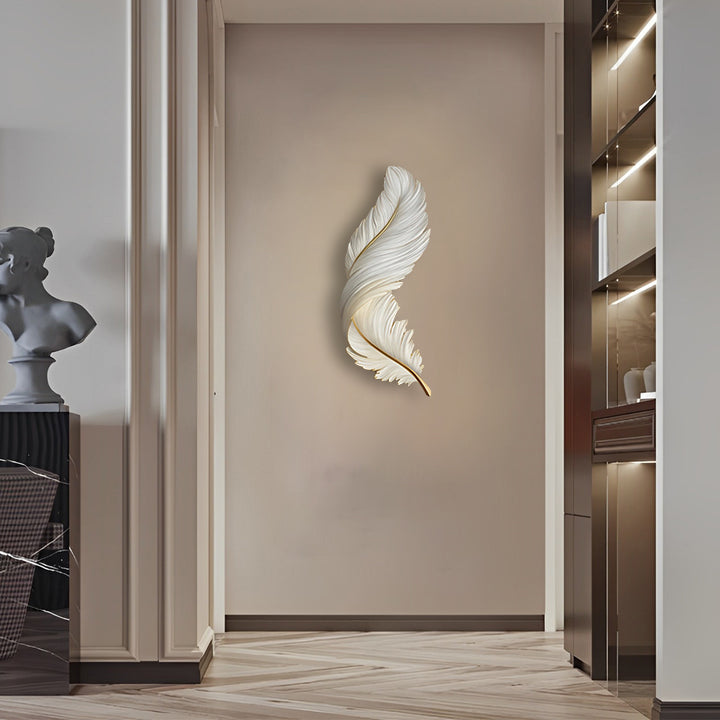 Slim feather wall lamp used as decorative lighting in a corridor.