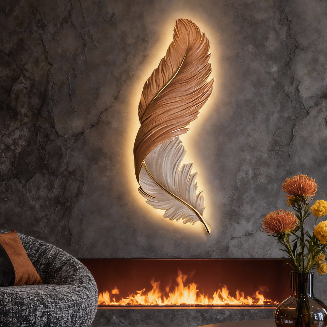Artistic feather wall lamp glowing above a modern fireplace wall.