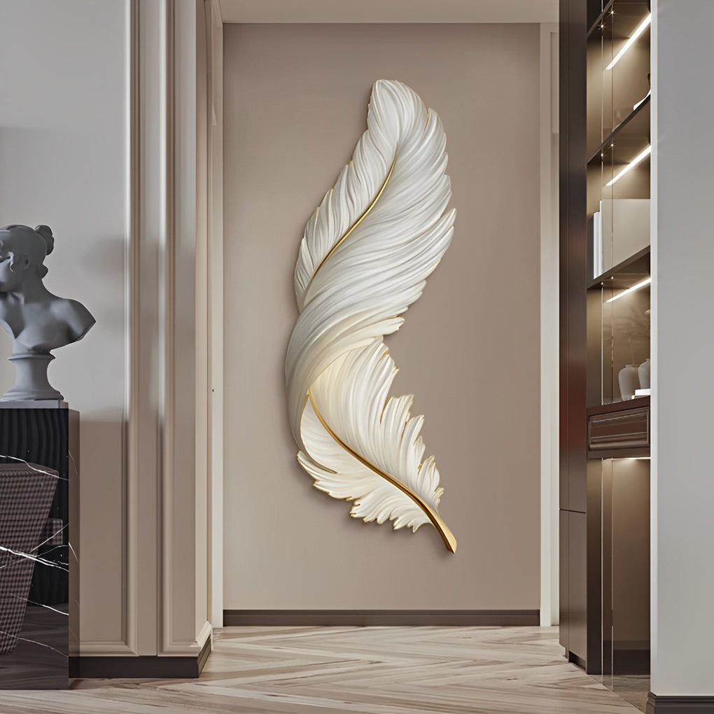 Vertical feather wall lamp enhancing a minimalist hallway interior.