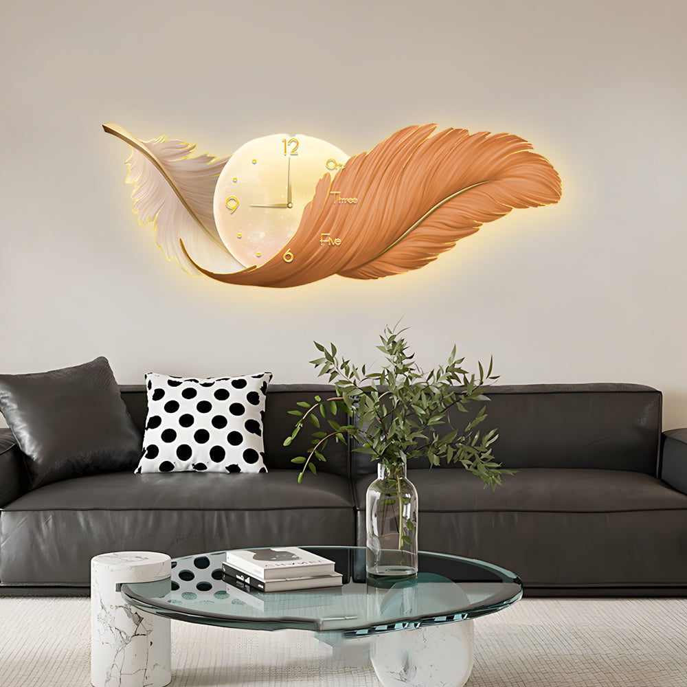 Decorative feather wall lamp over a sofa, creating a warm focal point in a modern living room interior.