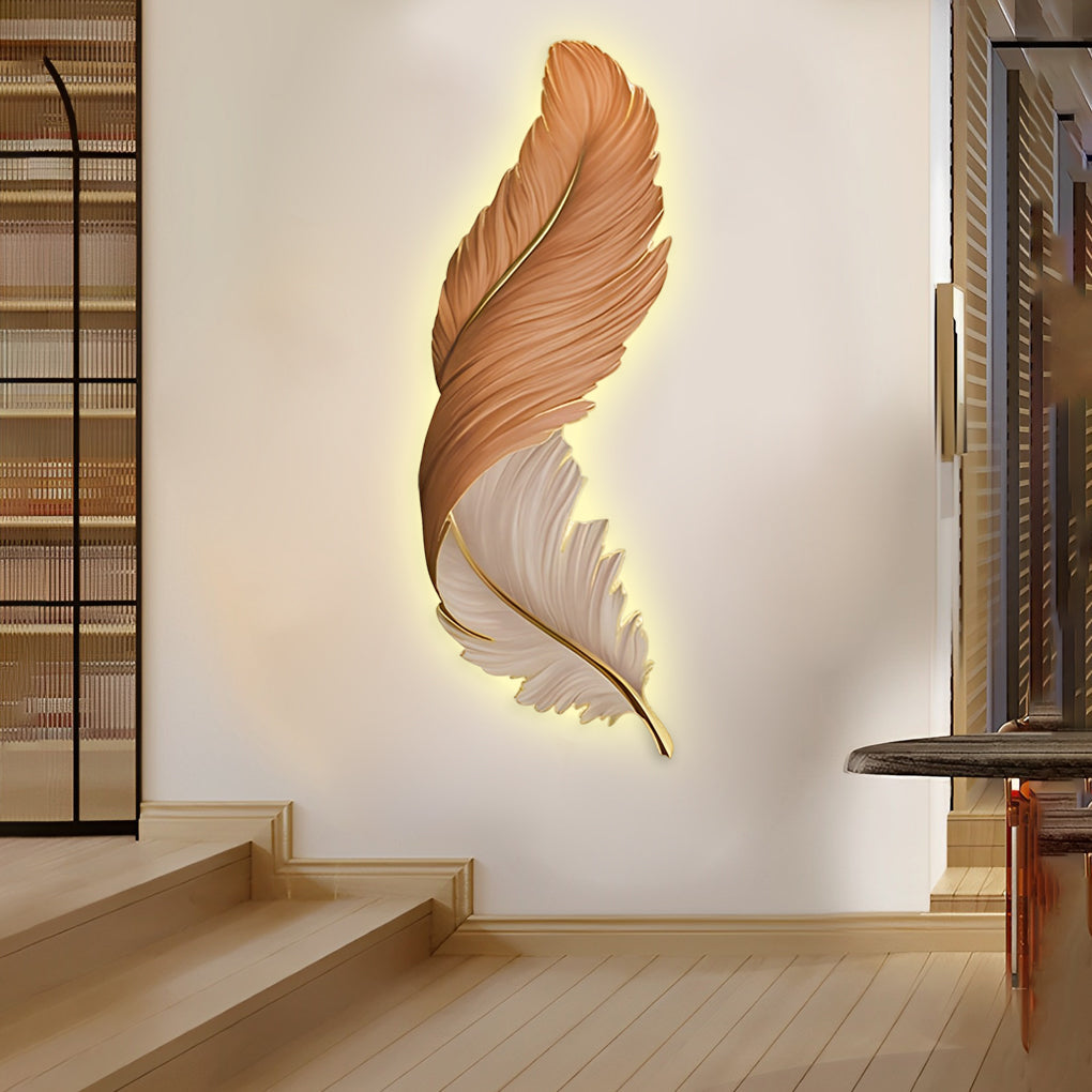 Feather wall lamp illuminating a staircase wall with soft indirect light.