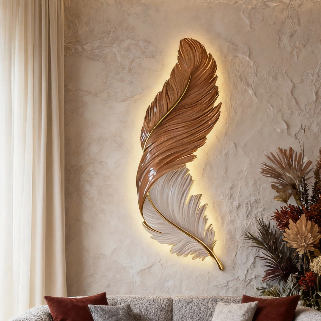 Decorative feather wall lamp mounted on textured wall with soft backlighting.