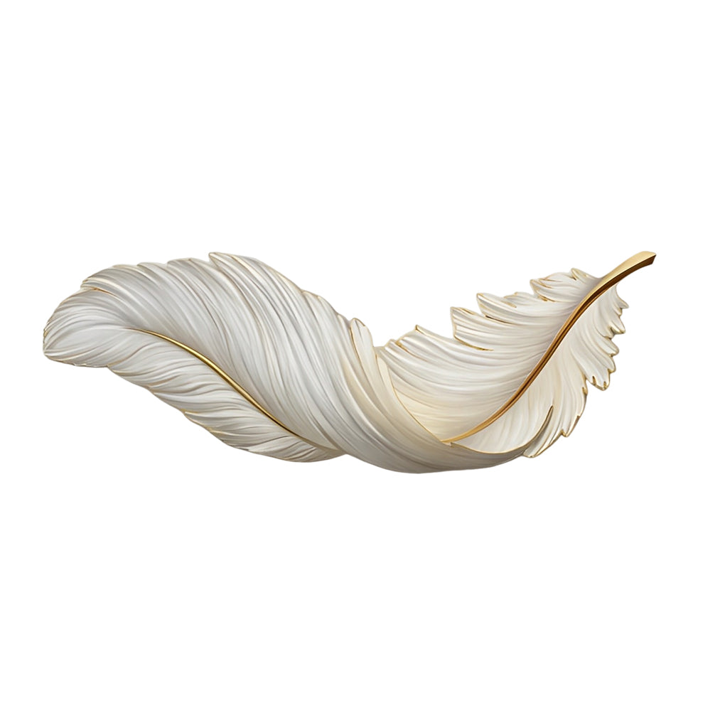White and gold feather wall lamp isolated to highlight sculptural design.