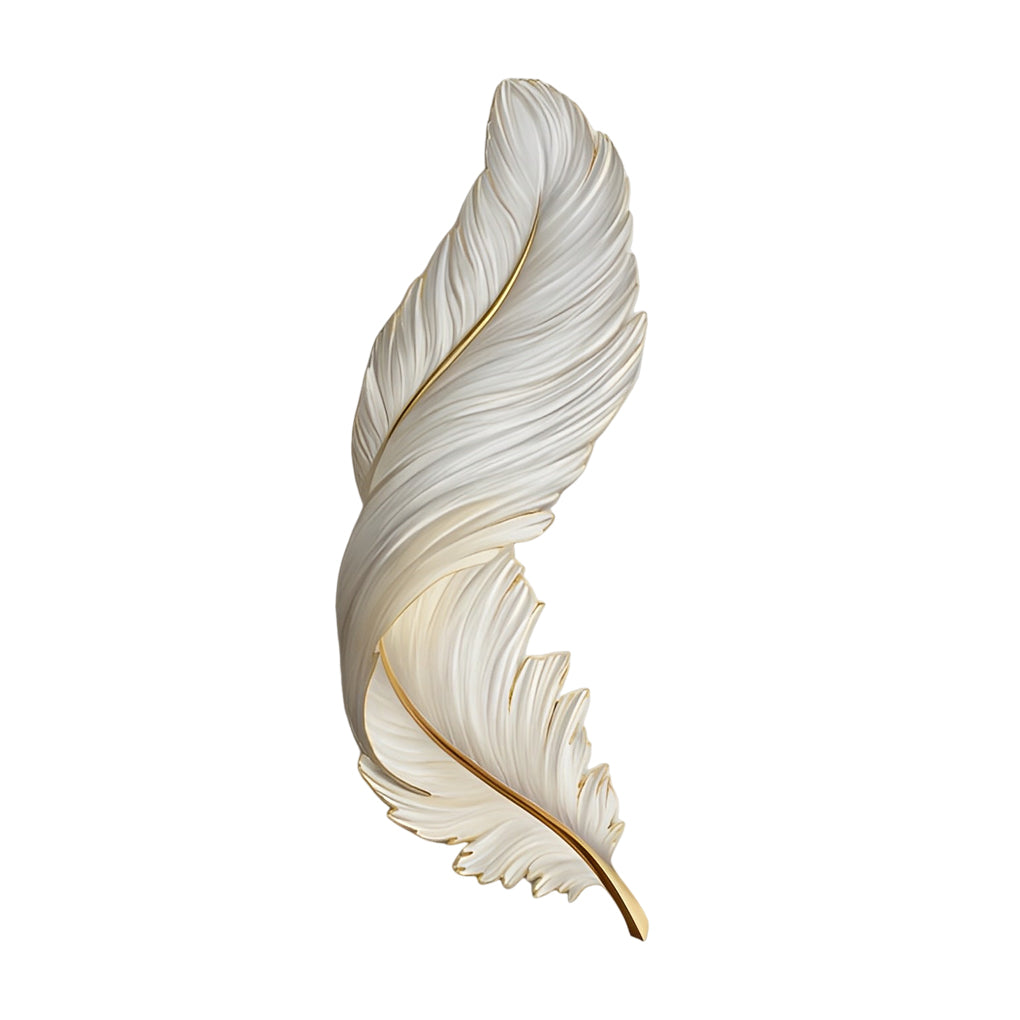 White and gold feather wall lamp with tall vertical silhouette.
