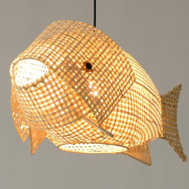 Fish pendant light with a rattan finish, providing ambient lighting in a contemporary room.