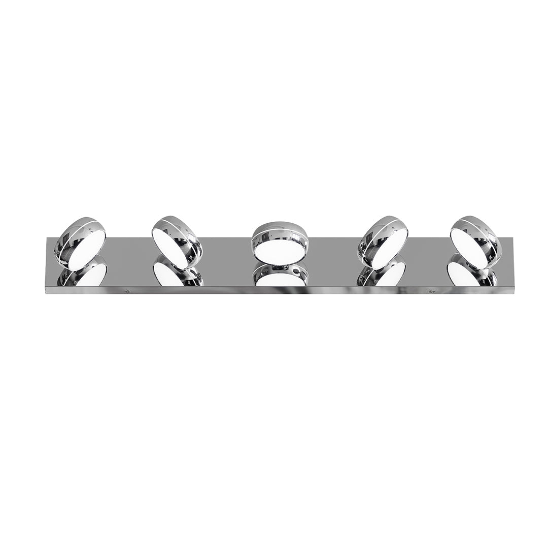 Five-light chrome bathroom vanity light with glass shade chandelier design and sleek horizontal mounting configuration.