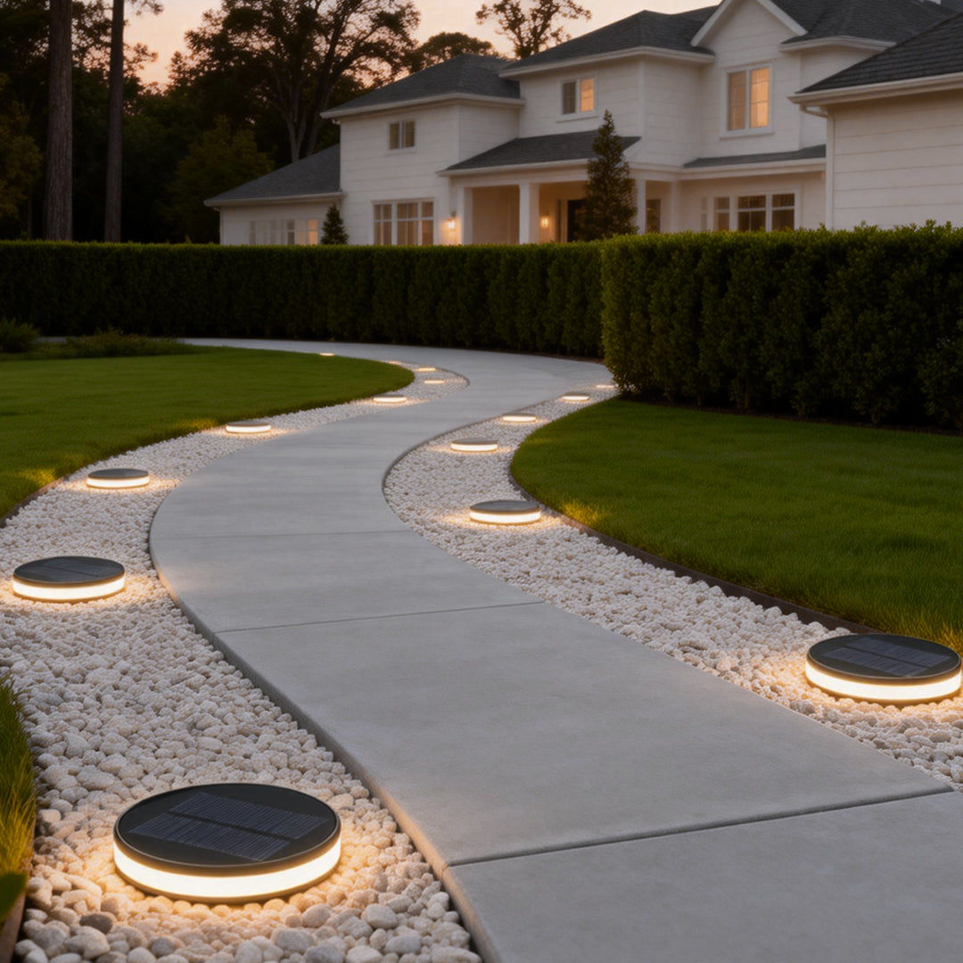 Flat garden lights illuminating a curved garden pathway with a soft, warm glow.