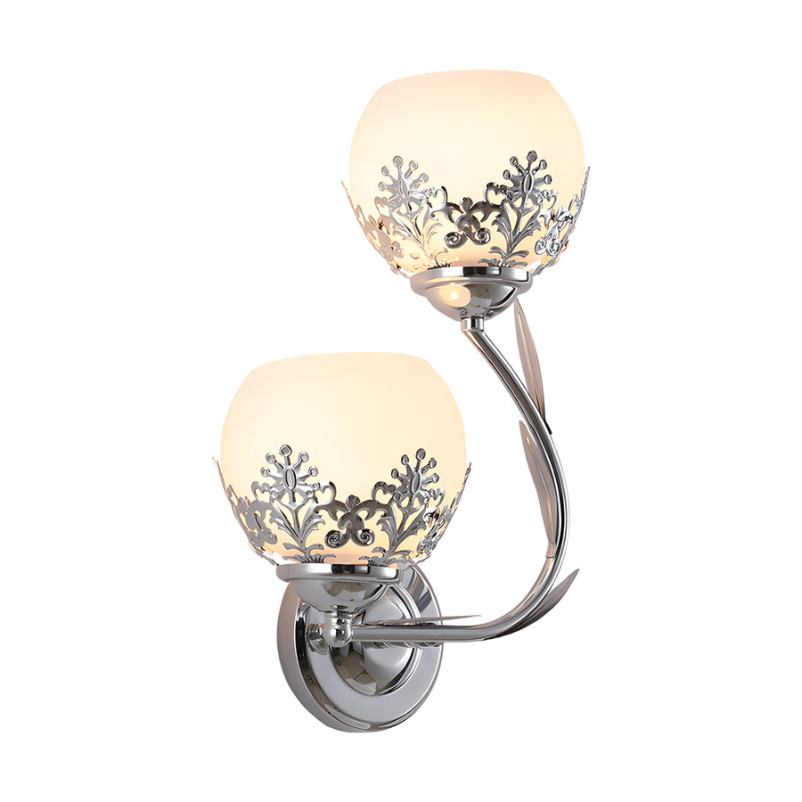 Floral wall sconce mounted on wall showing curved arm and decorative flower motif.