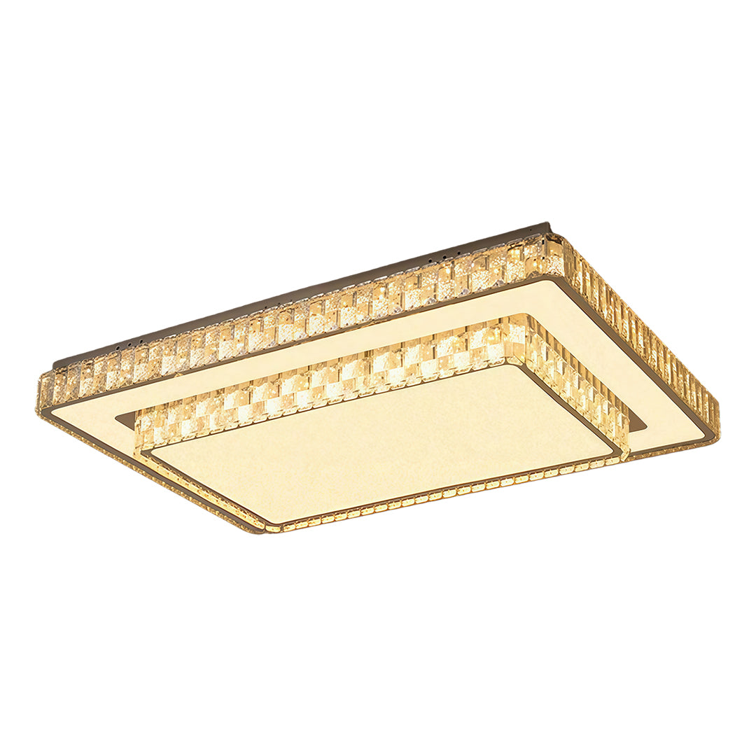 Layered rectangular flush mount ceiling LED light with crystal accents and elegant glow.