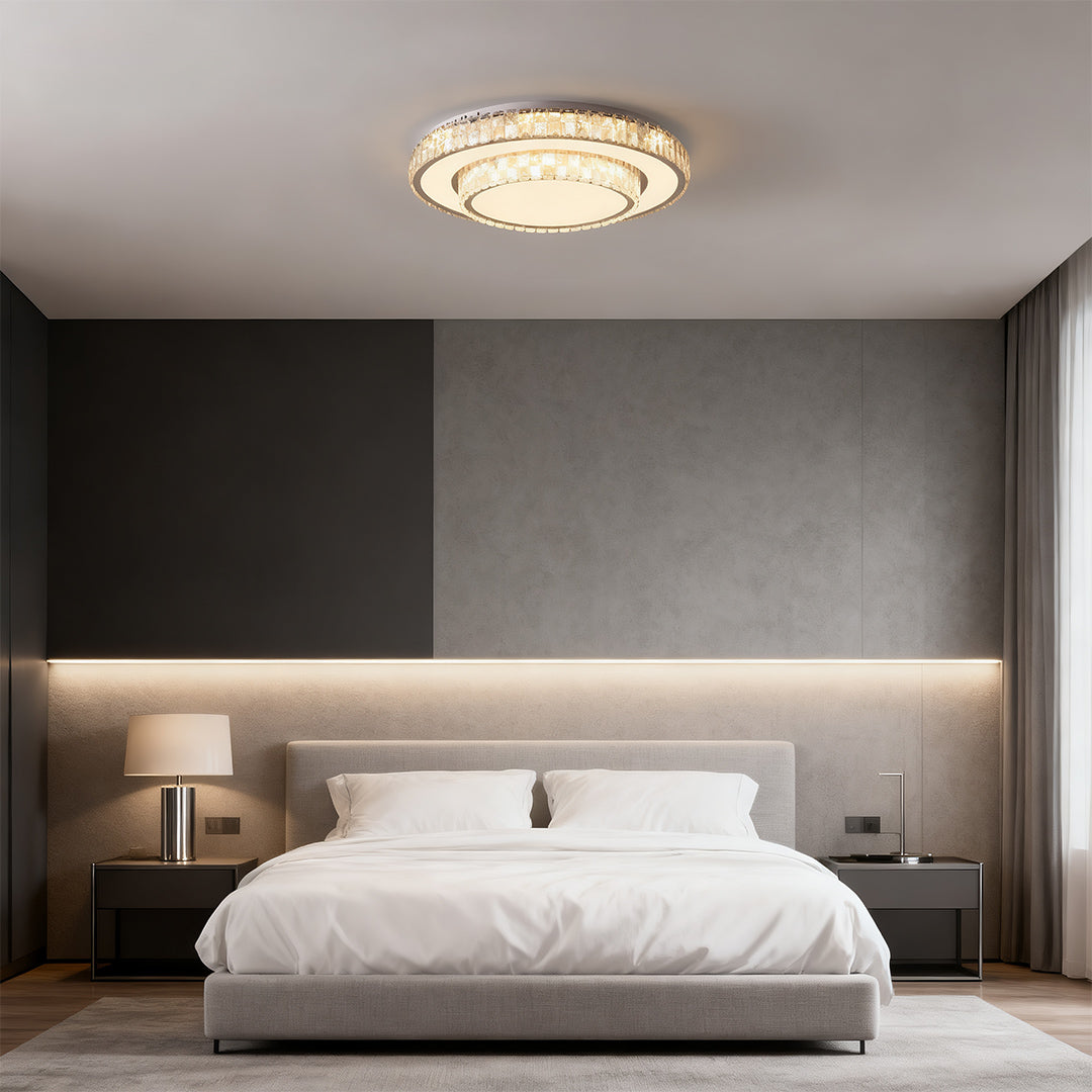 Round flush mount ceiling LED light featured in a bright contemporary room.