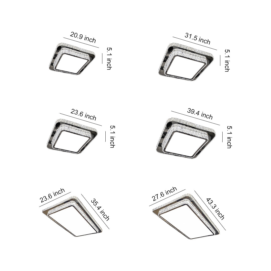 Technical illustration showing multiple size options and angles of a flush mount crystal light fixture.