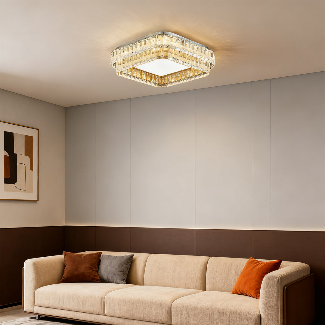 Flush mount modern light illuminating a minimalist living room interior with warm atmosphere.