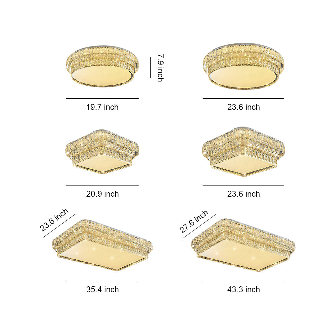Flush mounted LED lights product line with glass shade chandelier inspired crystal trim showing various sizes and shapes available.