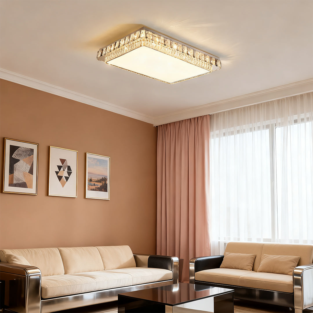 Rectangular flush mounting LED lights installed in a living room with elegant décor.