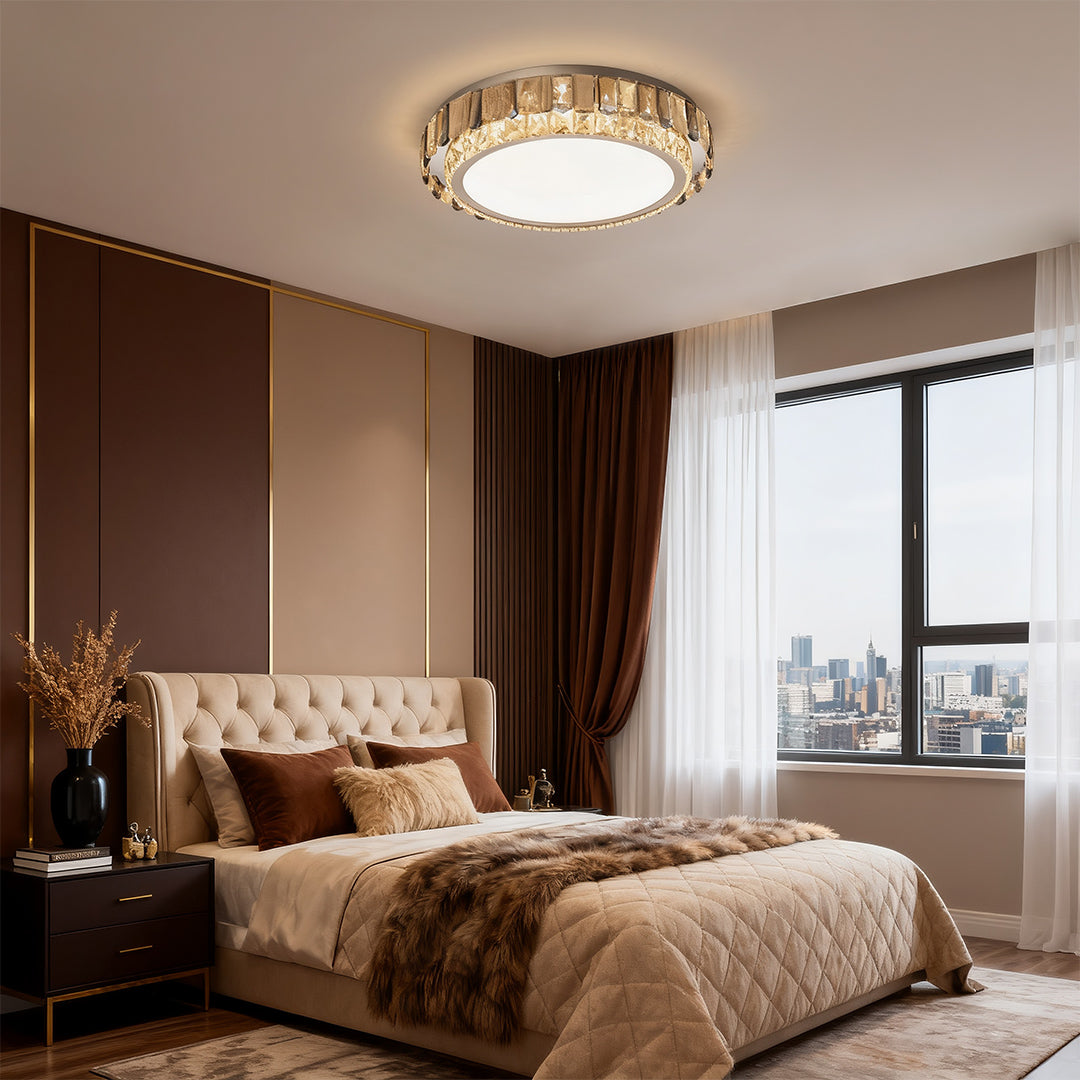 Round flush mounting LED lights providing bright illumination in a modern bedroom.