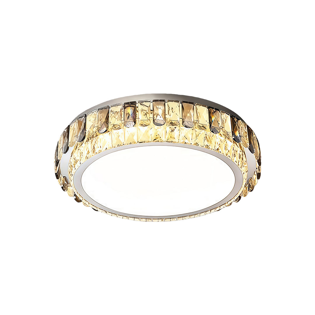 Round flush mounting LED lights with crystal border and modern gold trim.