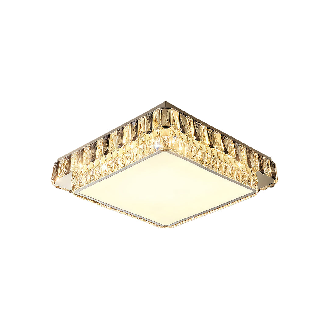 Square flush mounting LED lights featuring gold and crystal accents for elegant interiors.