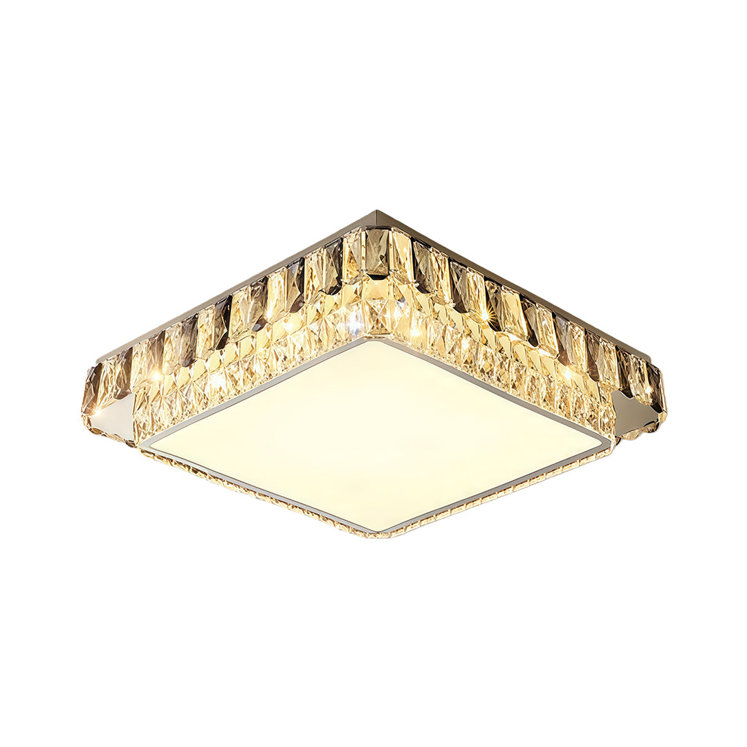 Square flush mounting LED lights with crystal edge and bright warm light.