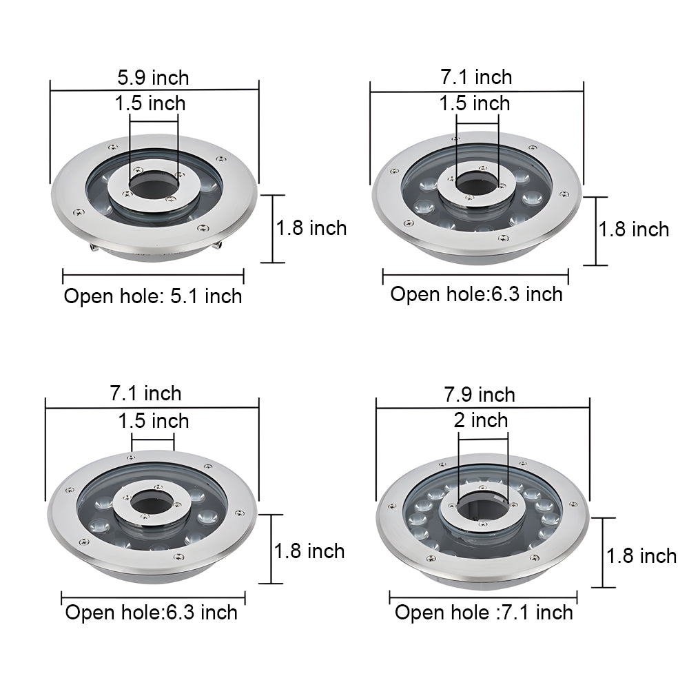 Detailed technical drawings showing LED fountain light dimensions and installation specifications