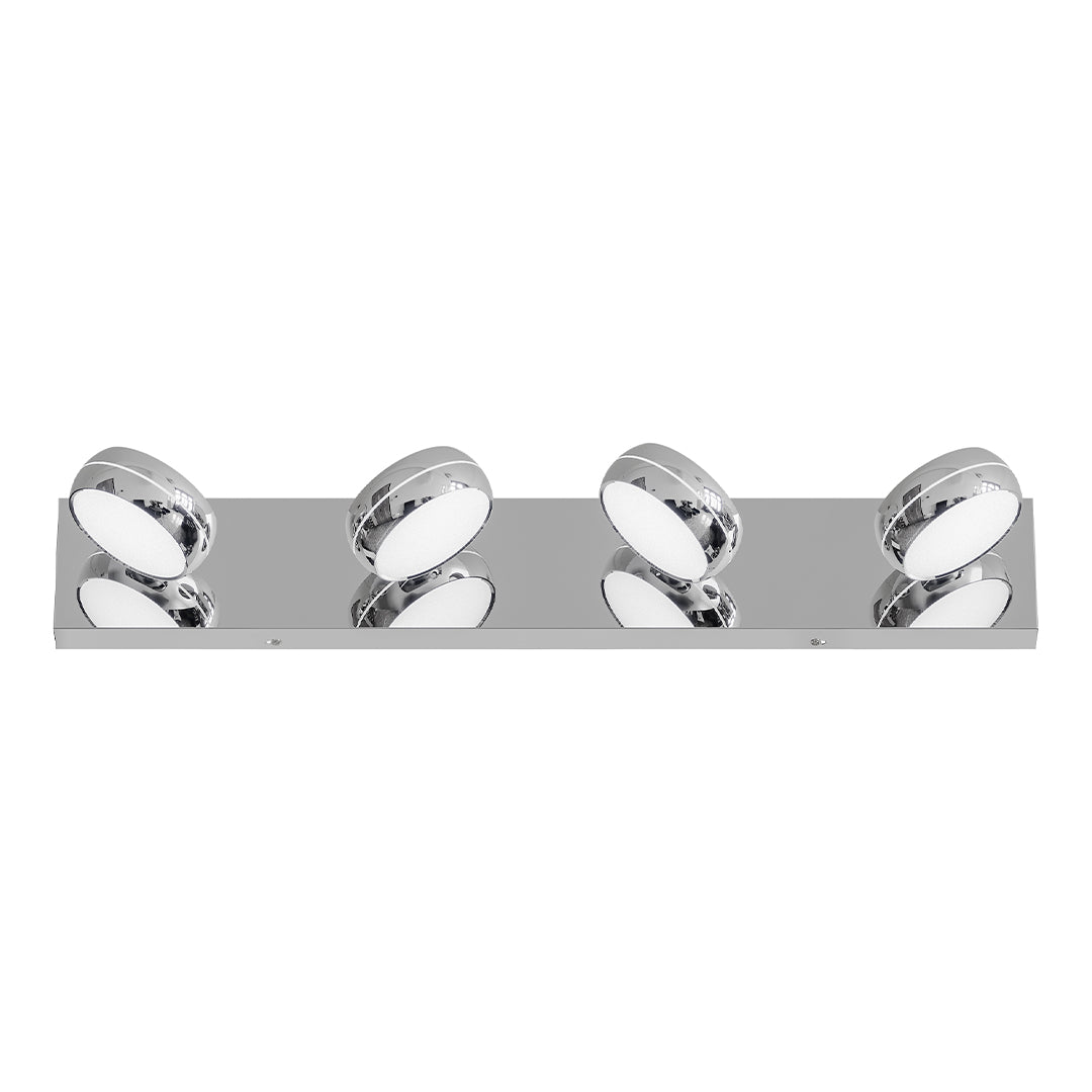 Four-light chrome bathroom vanity light featuring glass shade chandelier styling with adjustable spherical fixtures on linear bar.