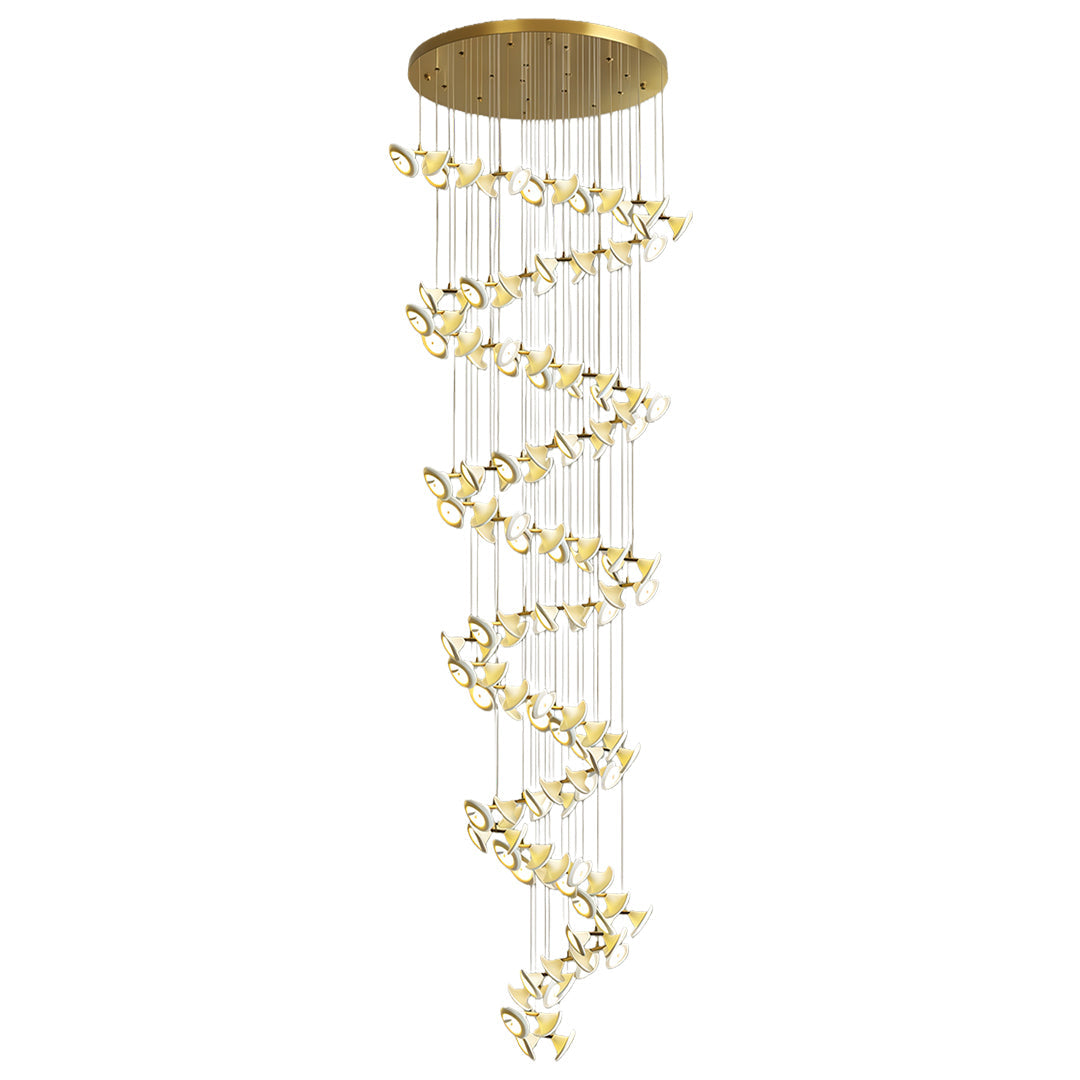 Modern brass ceramic chandeliers with spiral lights installed in a foyer.
