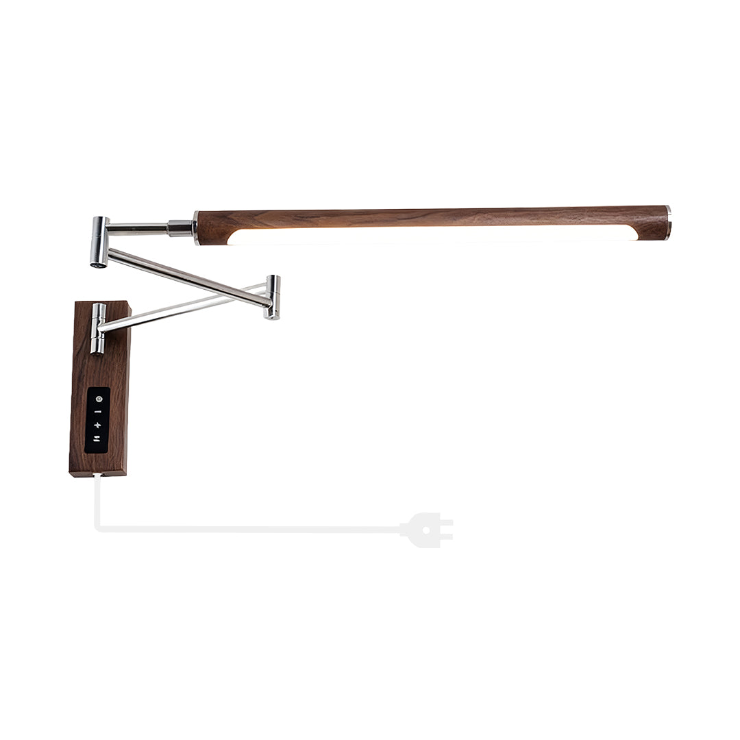 Full product view of the foldable swing wall light with power cord and plug on a white background.