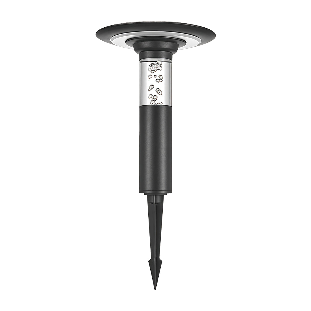 Full product photo of the black outdoor path lights solar stake with bubble glass and a 'halo' solar panel top.
