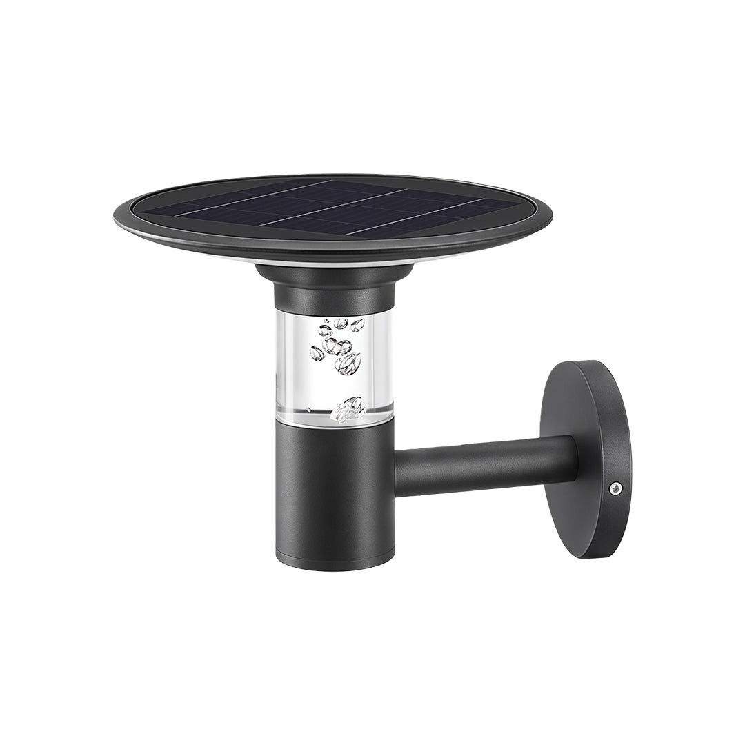 Full product photo of the solar outdoor wall lighting fixture, highlighting the top-mounted solar panel.