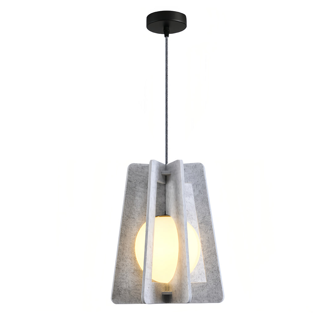 Fun pendant lights in a geometric gray felt shade with neutral white light, ideal for modern interiors.