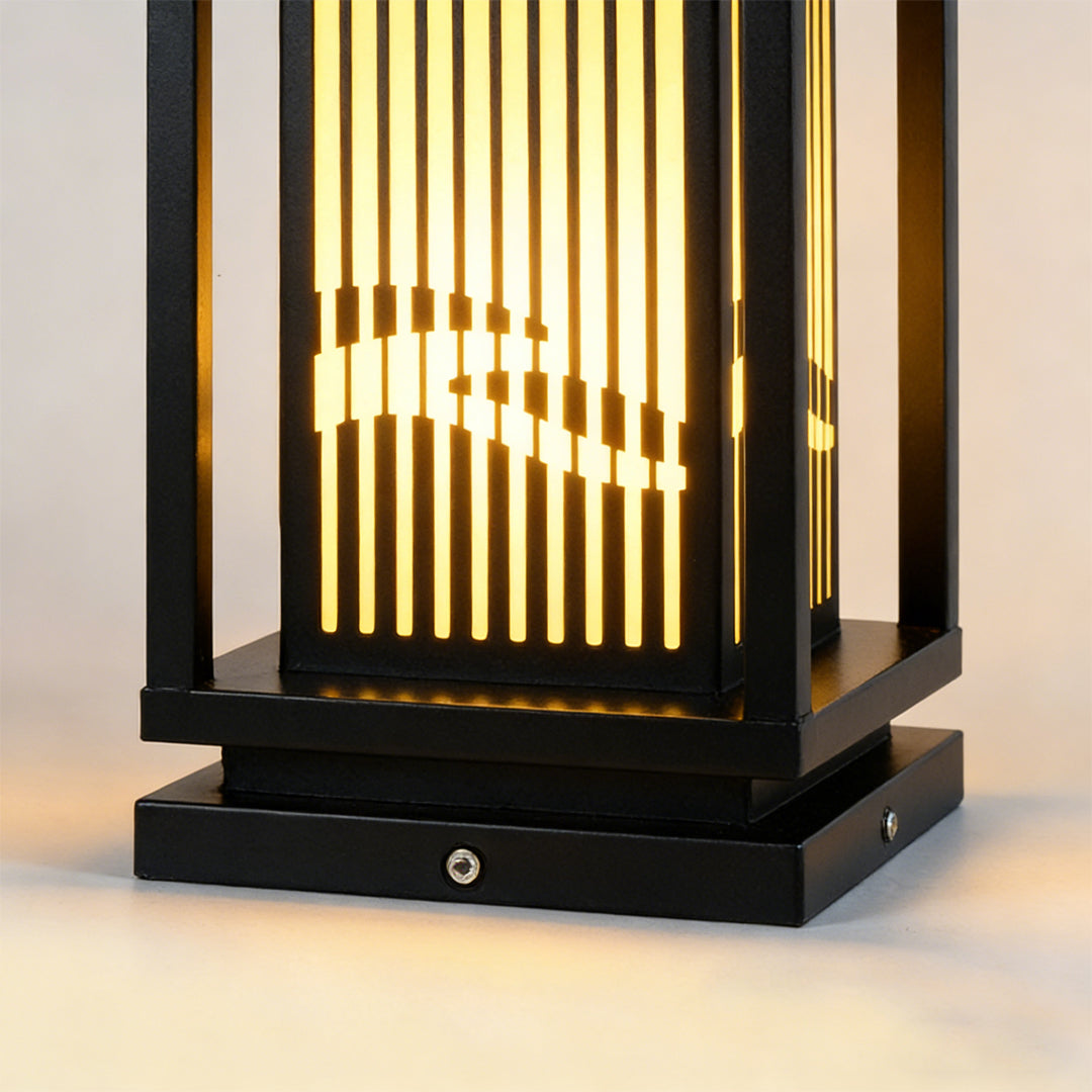 Garden bollards lights with a close-up of their vertical slats and modern design.