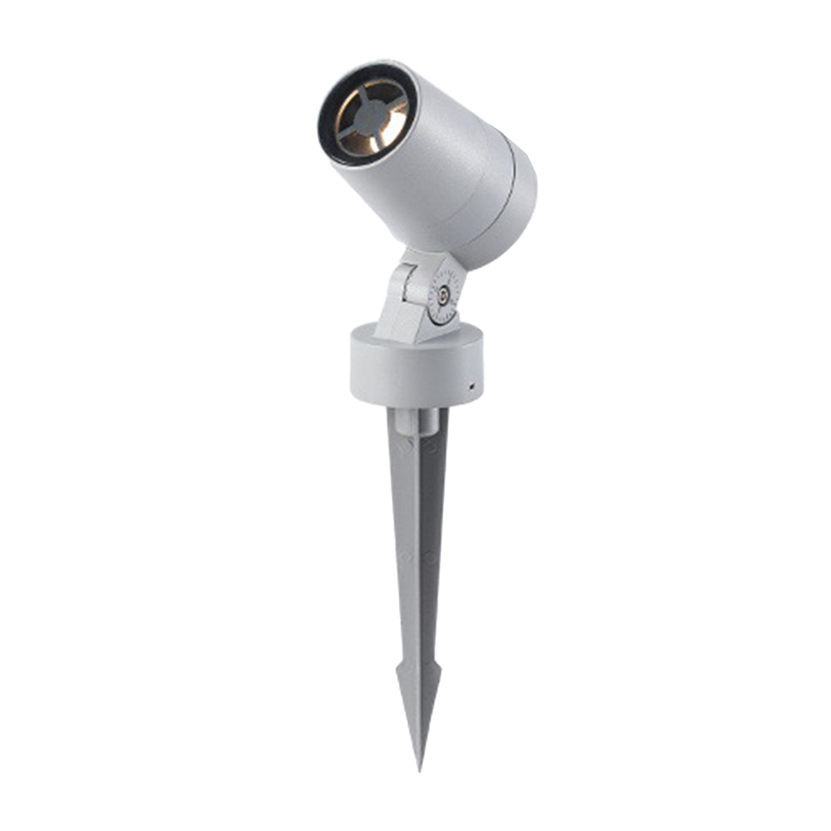 Modern cylindrical spot light illuminating colorful flowers in garden landscape setting