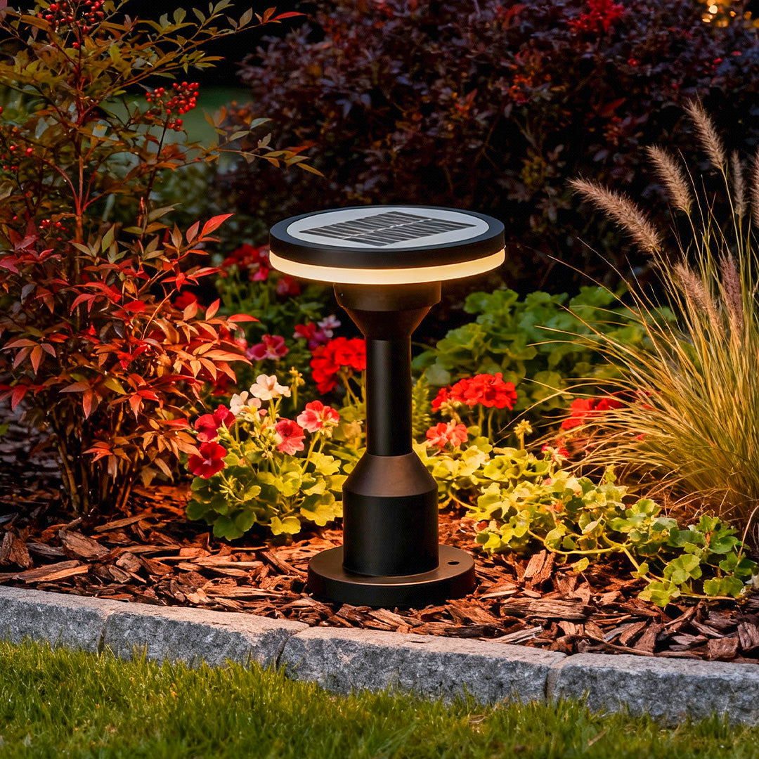 garden path lighting installed in colorful garden bed creating soft nighttime glow