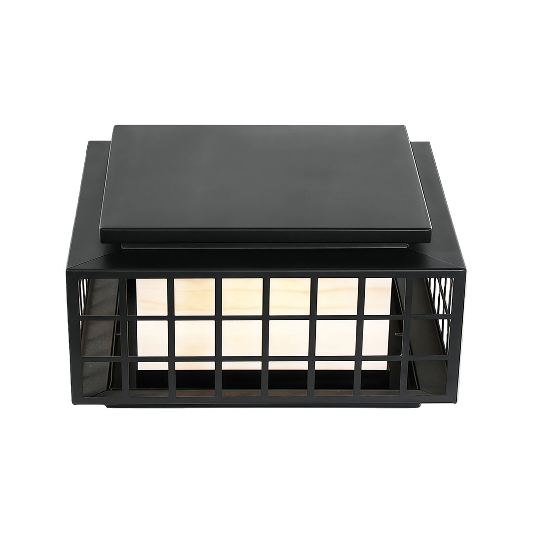 Modern gate pillar lights with a black square design, enhancing the aesthetic of garden pathways.