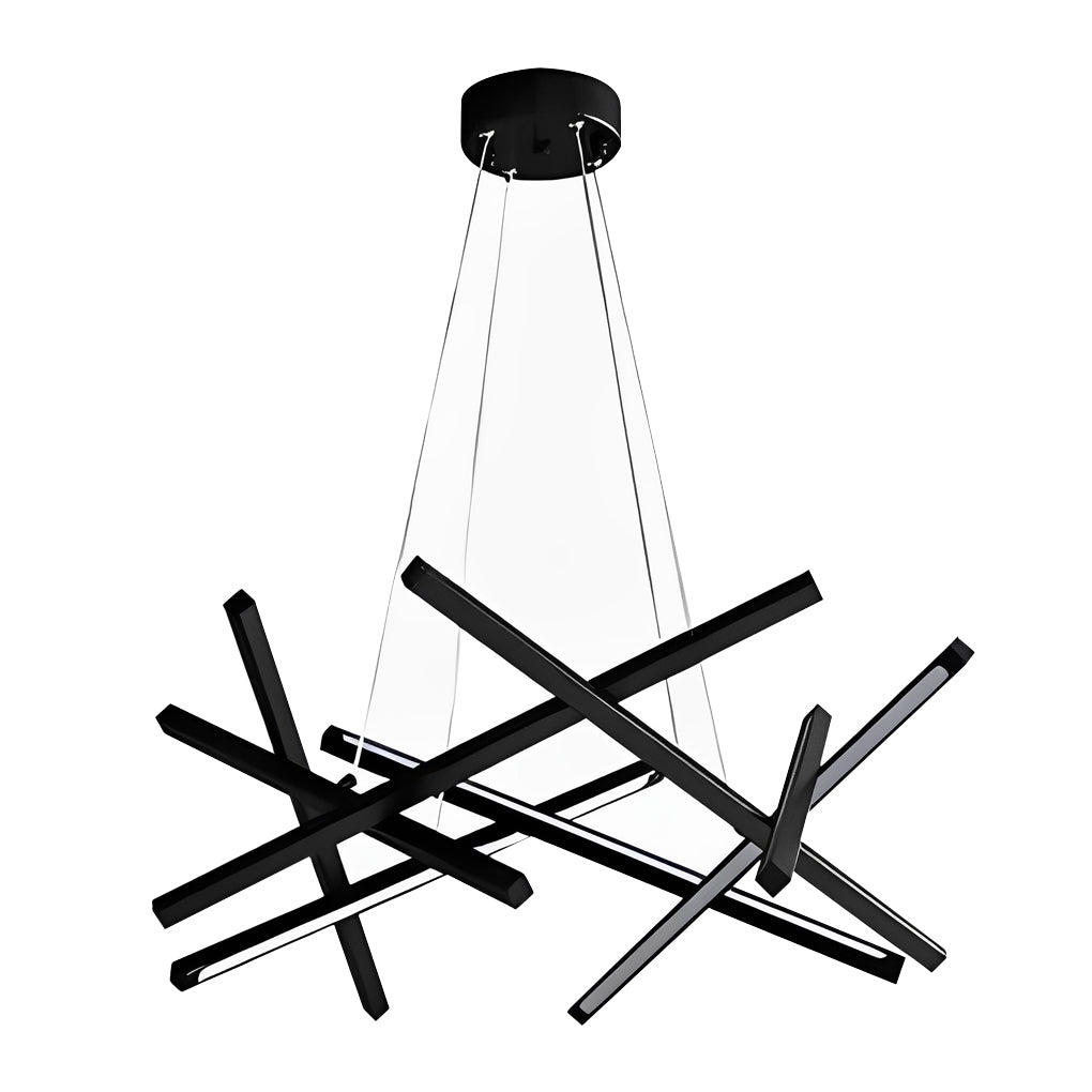 Black geometric ceiling light featuring sharp linear LED elements, presented as a contemporary statement fixture for modern interiors.