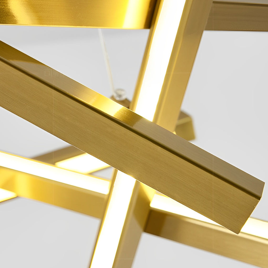 Close-up detail of a geometric ceiling light showing brushed gold LED bar intersections and refined modern metal craftsmanship.