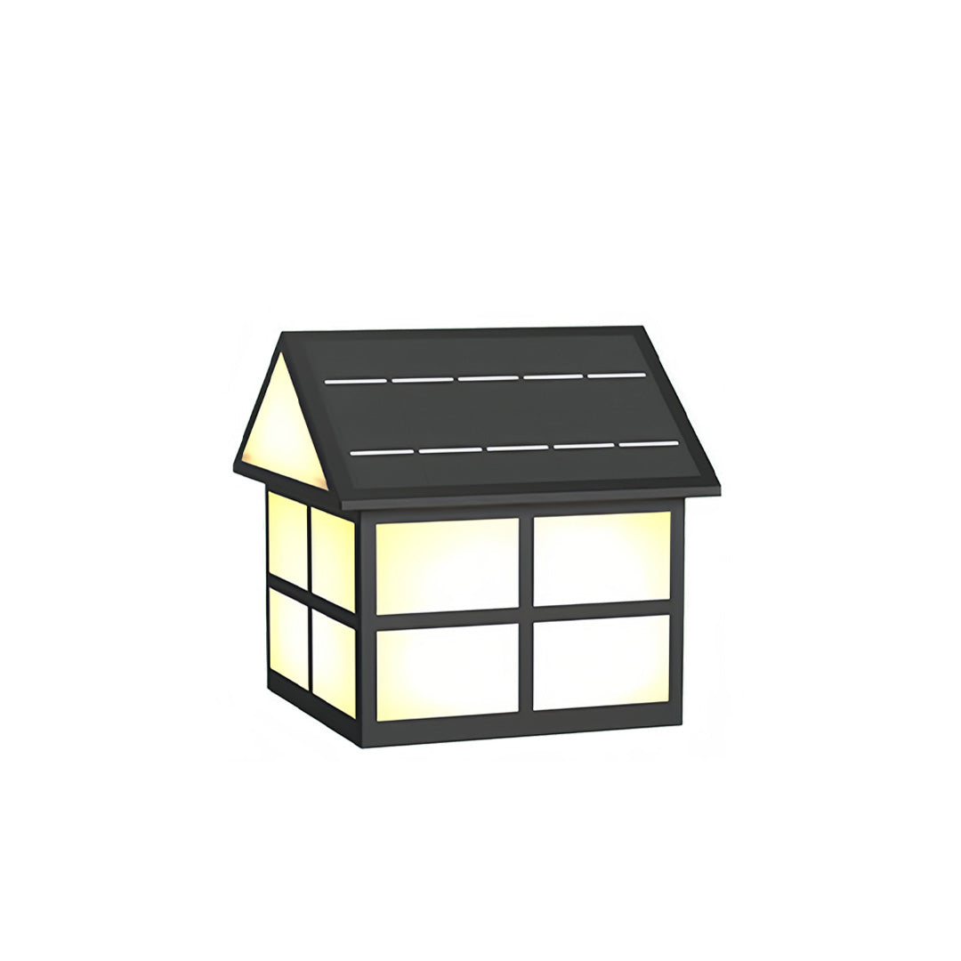 Geometric outdoor gate pillar top lights with warm LED diffusion and a smooth minimal dark roof.