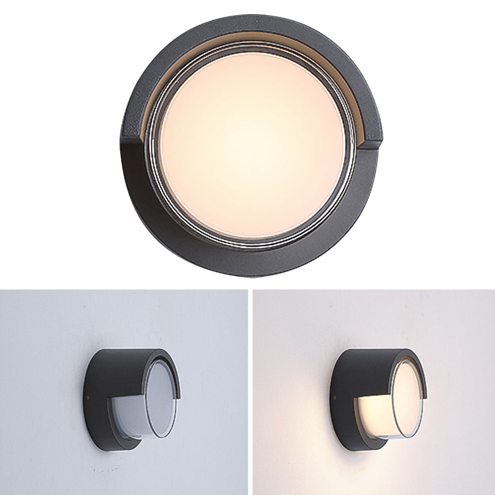 Geometric outdoor sconce with close-up of its sleek design and warm glow.