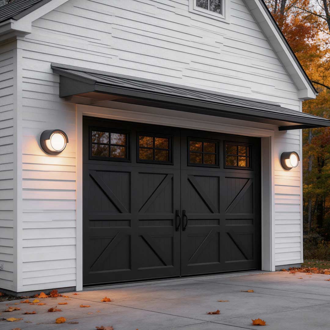 Geometric outdoor sconce enhancing a contemporary garage exterior with warm ambient light.