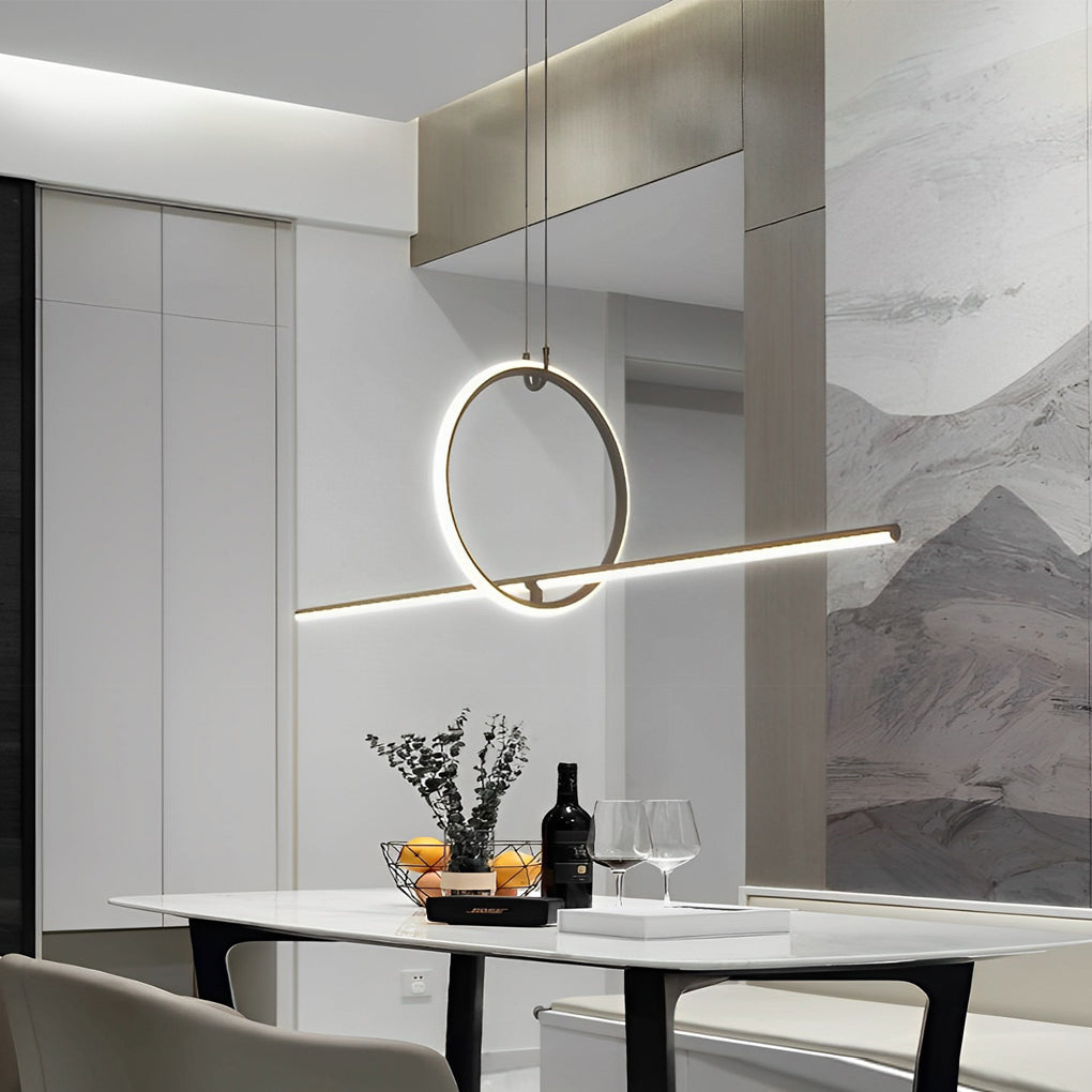 Geometric pendant light fixture featuring a clean, linear design, hanging above a modern dining area.