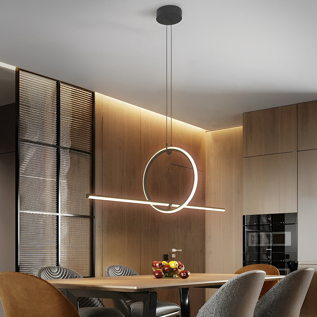 Geometric pendant light fixture in a minimalist style, providing focused light above a dining table.