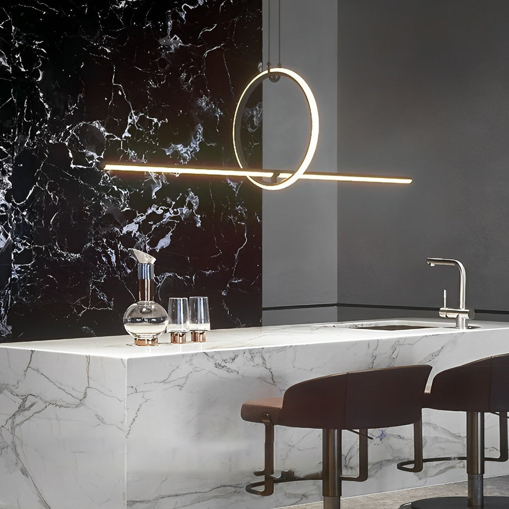 Geometric pendant light fixture with a sleek circular design, displayed in a modern living space.