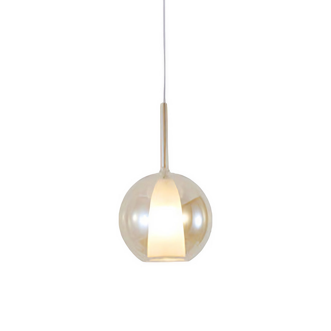 Glass ball pendant light with a detailed view of its hanging mechanism and sleek design.
