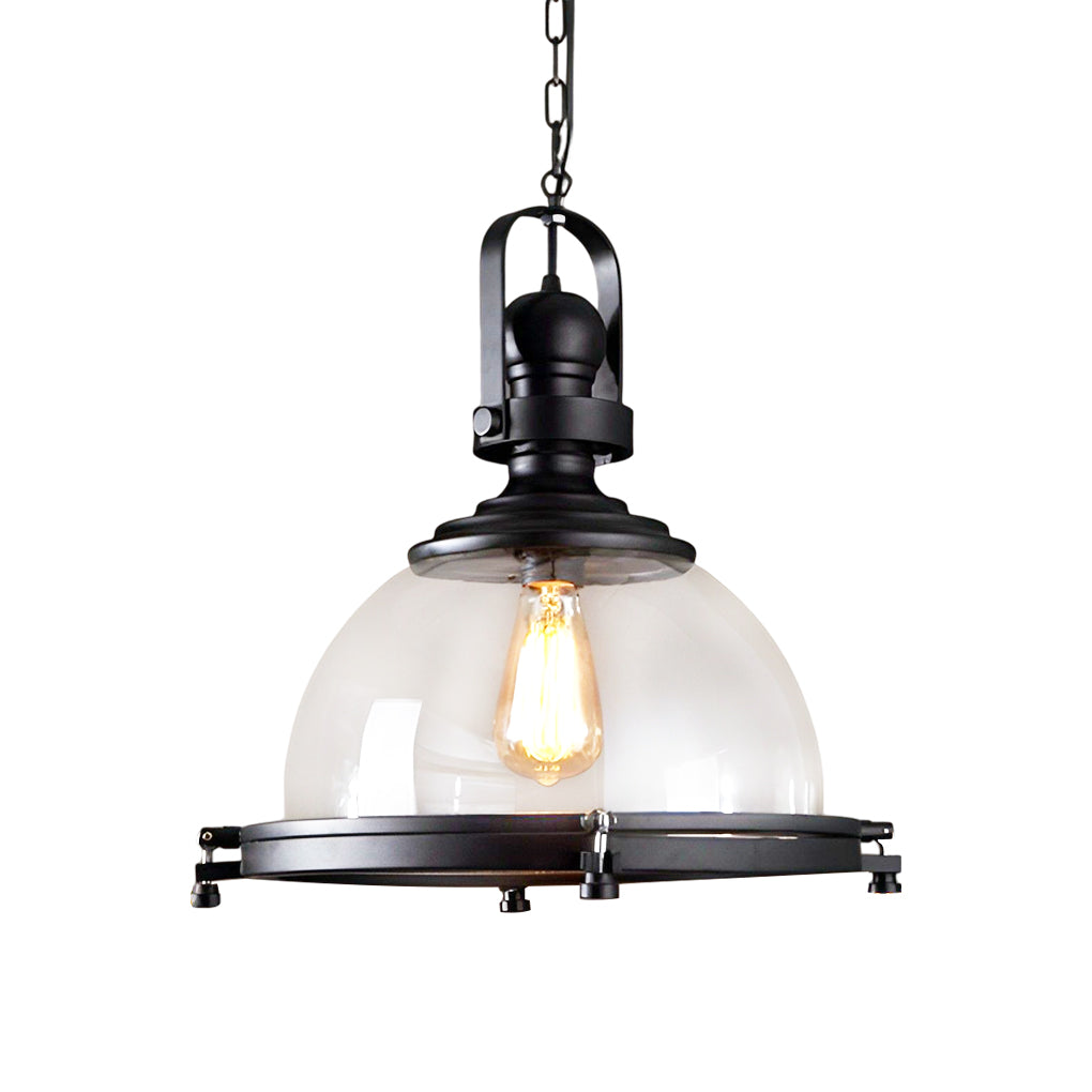 Glass pendant lights kitchen single product view with transparent glass shade and chain suspension.