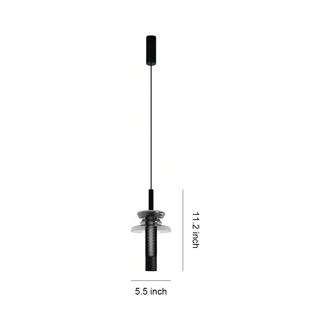 Technical specification diagram of glass pendant lights showing dimensions and sleek cylindrical design