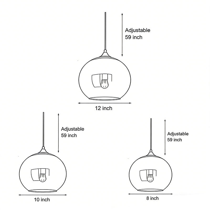 Glass round pendant light dimension drawing with size measurements.