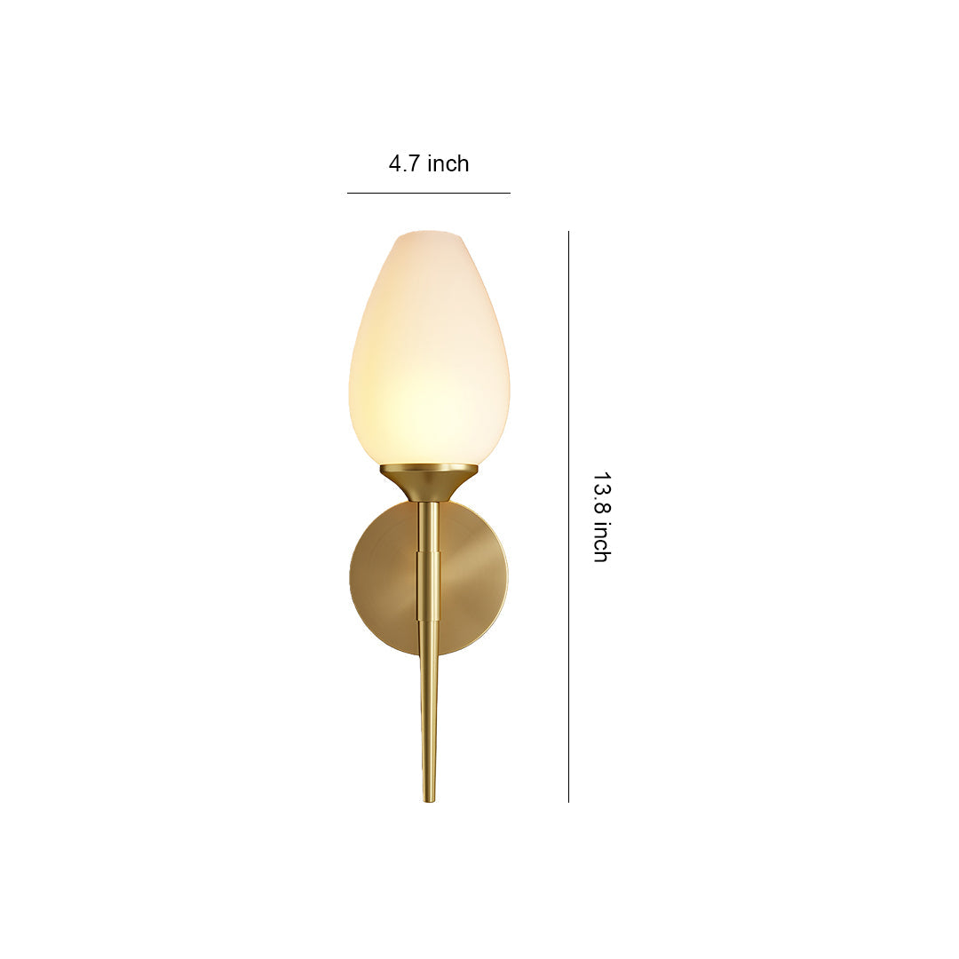 Glass wall lights with glass shade chandelier inspired design in modern torch style with frosted glass flame shade and dimensions shown.