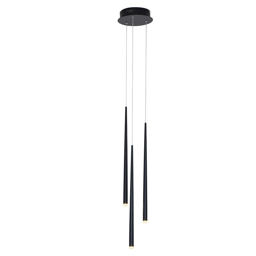 Glowing trio of black multi head pendant lights staggered on a professional white backgrounds.